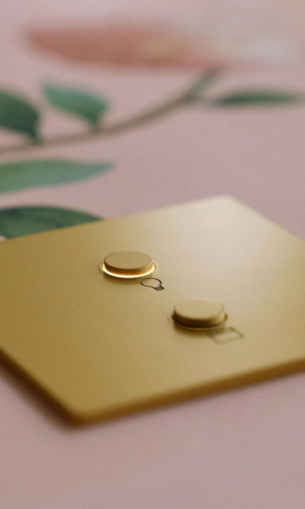 Closeup shot of a lutron alisse keypad on pink wallpaper